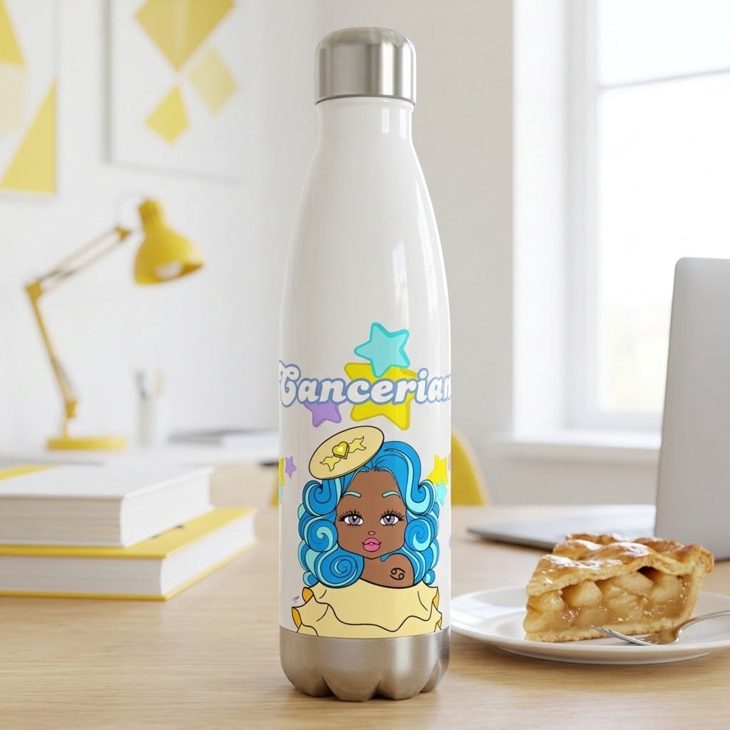 A white insulated water bottle with a silver cap and base stands on a wooden desk in a bright room. The bottle is printed with a colorful cartoon illustration of a woman with blue hair and the word 'Bancerian' in stylized lettering.