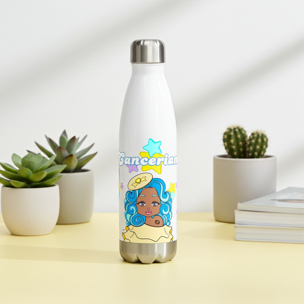 Stainless steel water bottle with a design of a woman with blue hair and the word 'Gancerian' on a white background, placed on a yellow surface with plants and books.