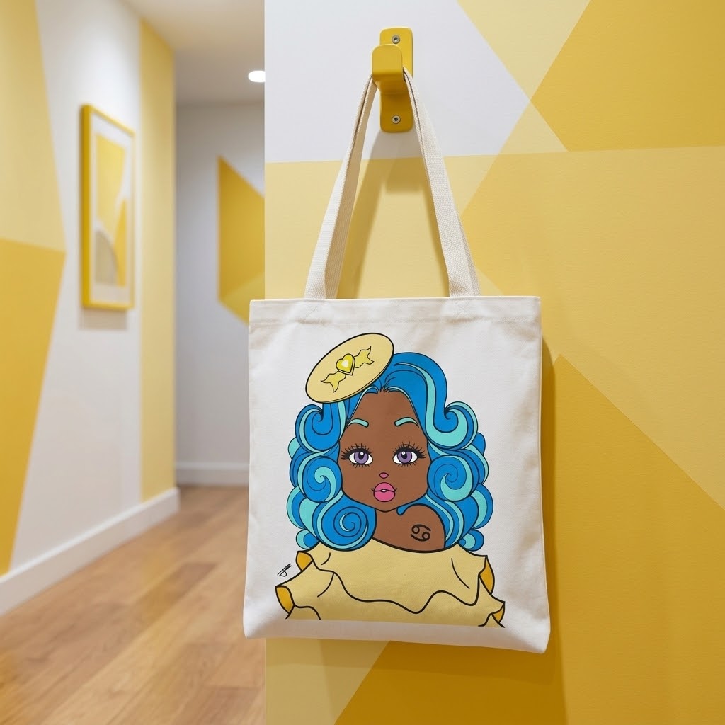 A cream canvas tote bag hanging from a yellow wall hook in a hallway with yellow and white geometric walls. The bag features a colorful cartoon illustration of a woman with bright blue curly hair, a yellow hat, and a yellow top.
