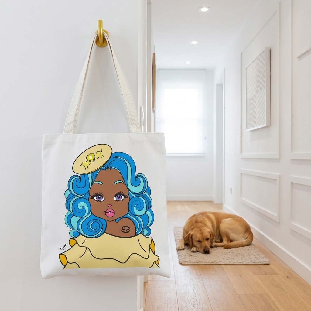 A white canvas tote bag with a cartoon illustration of a woman with blue hair hanging from a gold hook on a white wall in a hallway. A golden retriever dog is sleeping on a rug in the background.