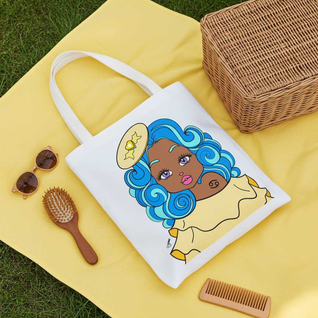 Tote bag with a Cancerian character with blue hair on a yellow blanket with picnic items.