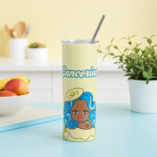 Tumbler with a Cancerian character and 'Cancerian' text on a kitchen counter.