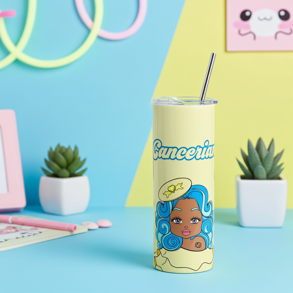 Tumbler with a Cancerian character and 'Cancerian' text on a colorful background