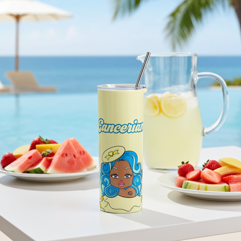 Cancerian Tumbler with a beach scene design, lemonade, and fruit plates on a table by the ocean.