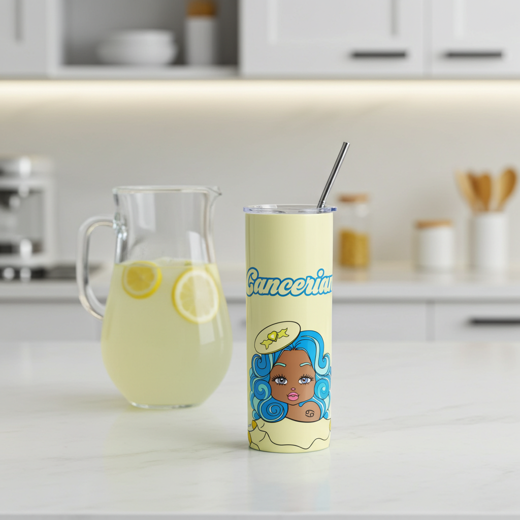 Tumbler with a design of a Cancerian character and the word 'Cancerian' next to a pitcher of lemonade on a kitchen counter.