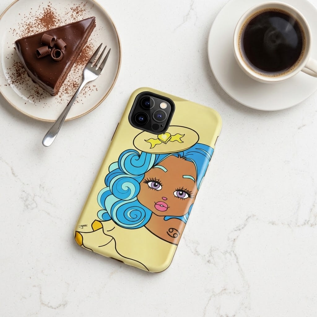 A phone case featuring a cartoon illustration of a woman with blue hair and a halo on a pale yellow background, displayed on a light marble surface next to a slice of chocolate cake and a cup of black coffee.