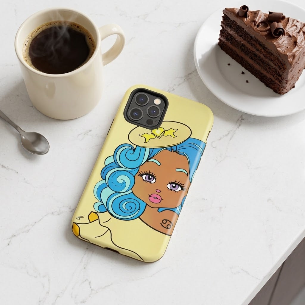A phone case with a cartoon illustration of a woman with blue hair and a halo, placed on a white marble surface next to a cup of coffee and a slice of chocolate cake.