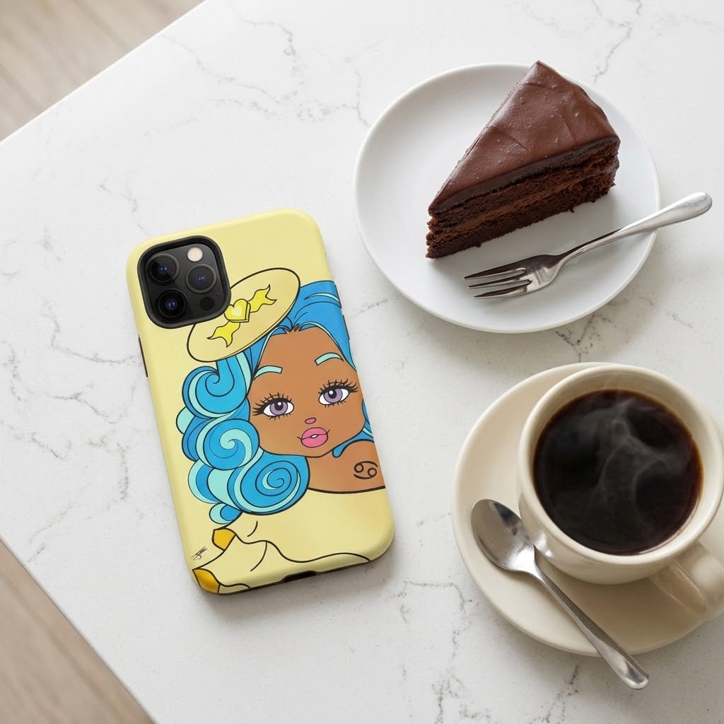 A light yellow phone case featuring a stylized cartoon illustration of a woman with blue hair, placed on a white marble surface next to a plate of chocolate cake, a cup of black coffee, and a spoon.