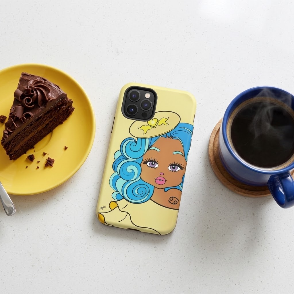 A yellow phone case featuring a colorful cartoon illustration of a woman with blue hair, placed on a white countertop between a slice of chocolate cake on a yellow plate and a blue mug of coffee.