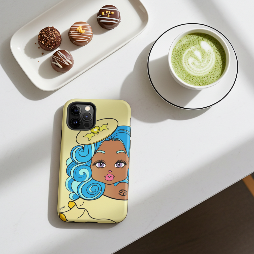 Phone case with a Cancerian design of a woman with blue hair on a table with a cup of matcha and cookies.