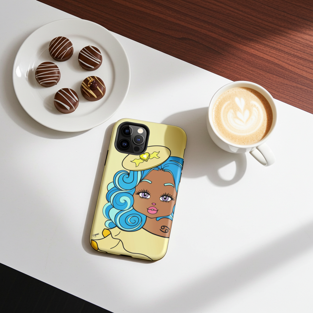 Phone case with a Cancerian design of a woman on a table with a cup of coffee and cookies.