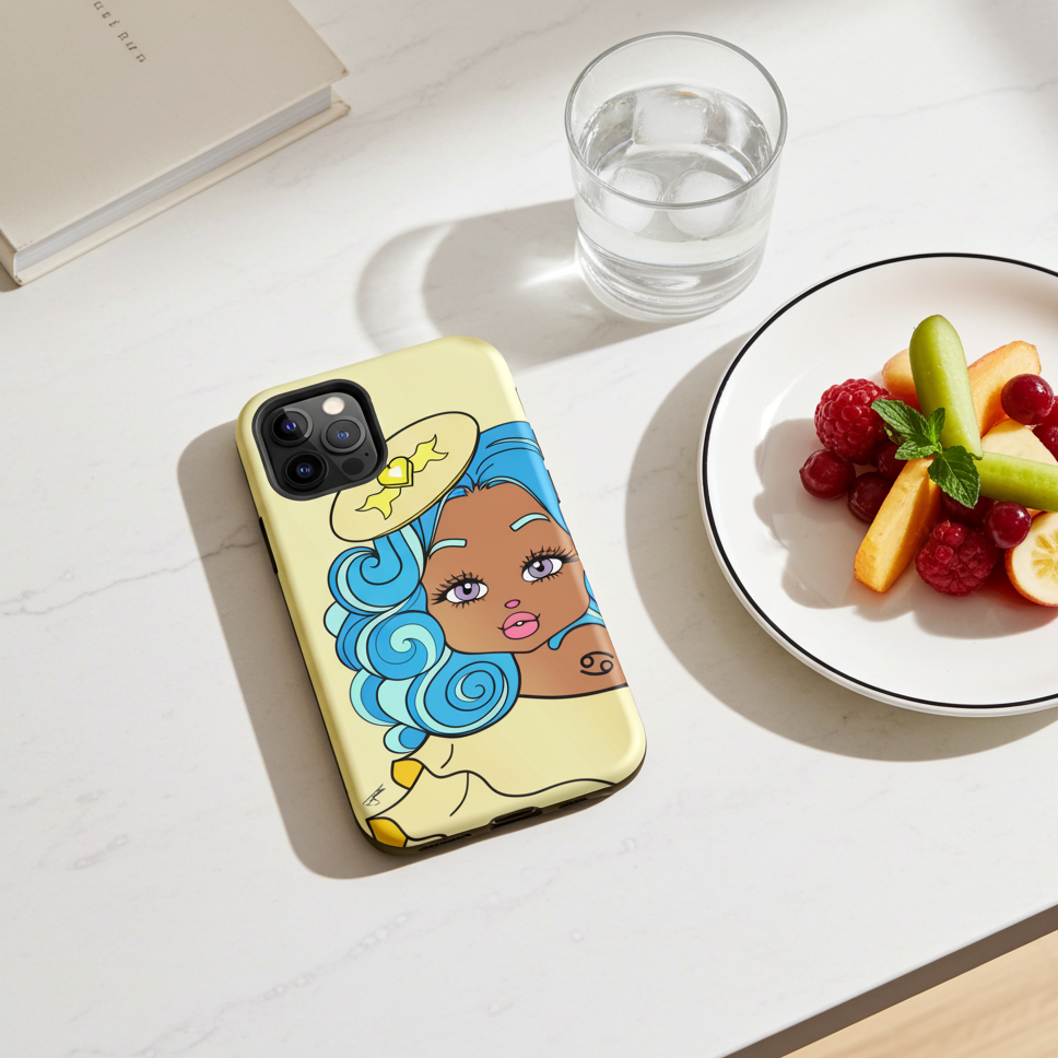 Phone case with a Cancerian design of a girl with blue hair on a table with fruit and water.