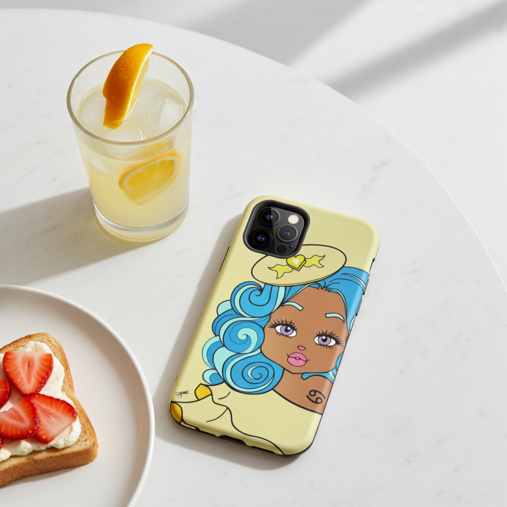 Phone case with a cancerian character design on a white surface with a glass of lemonade and a plate of toast.