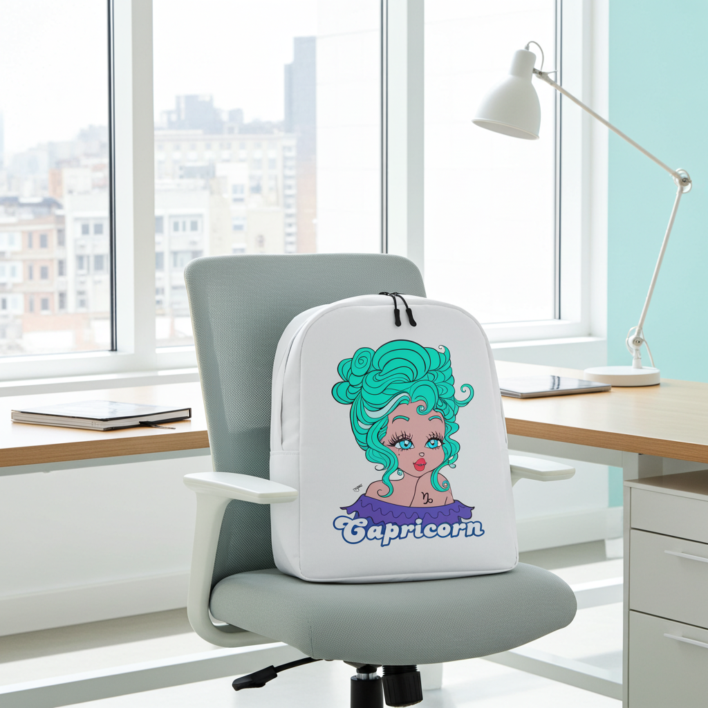 Backpack with Capricorn design on a chair in an office setting