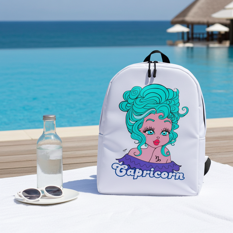 Backpack with Capricorn design by a poolside