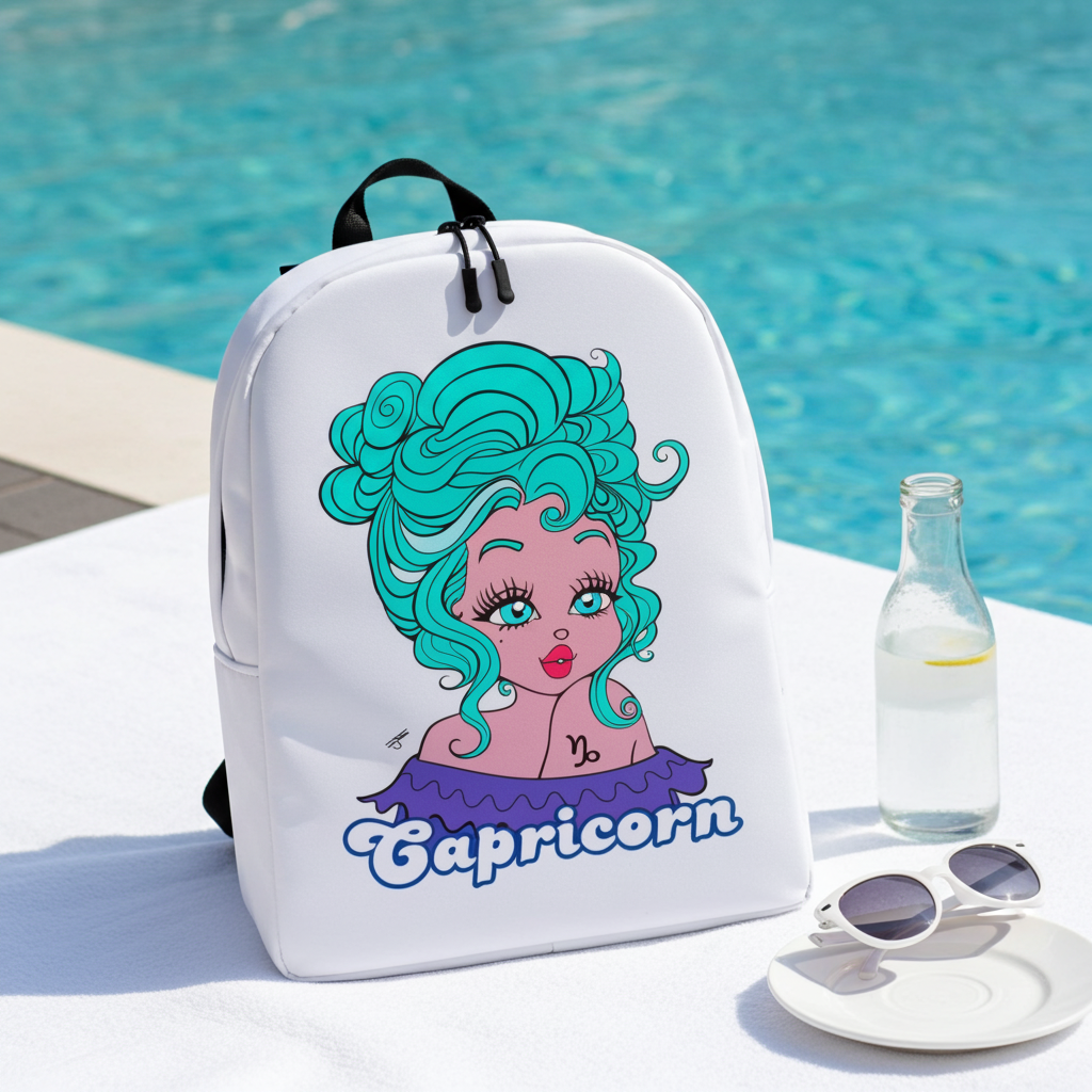 White backpack with Capricorn design by a pool