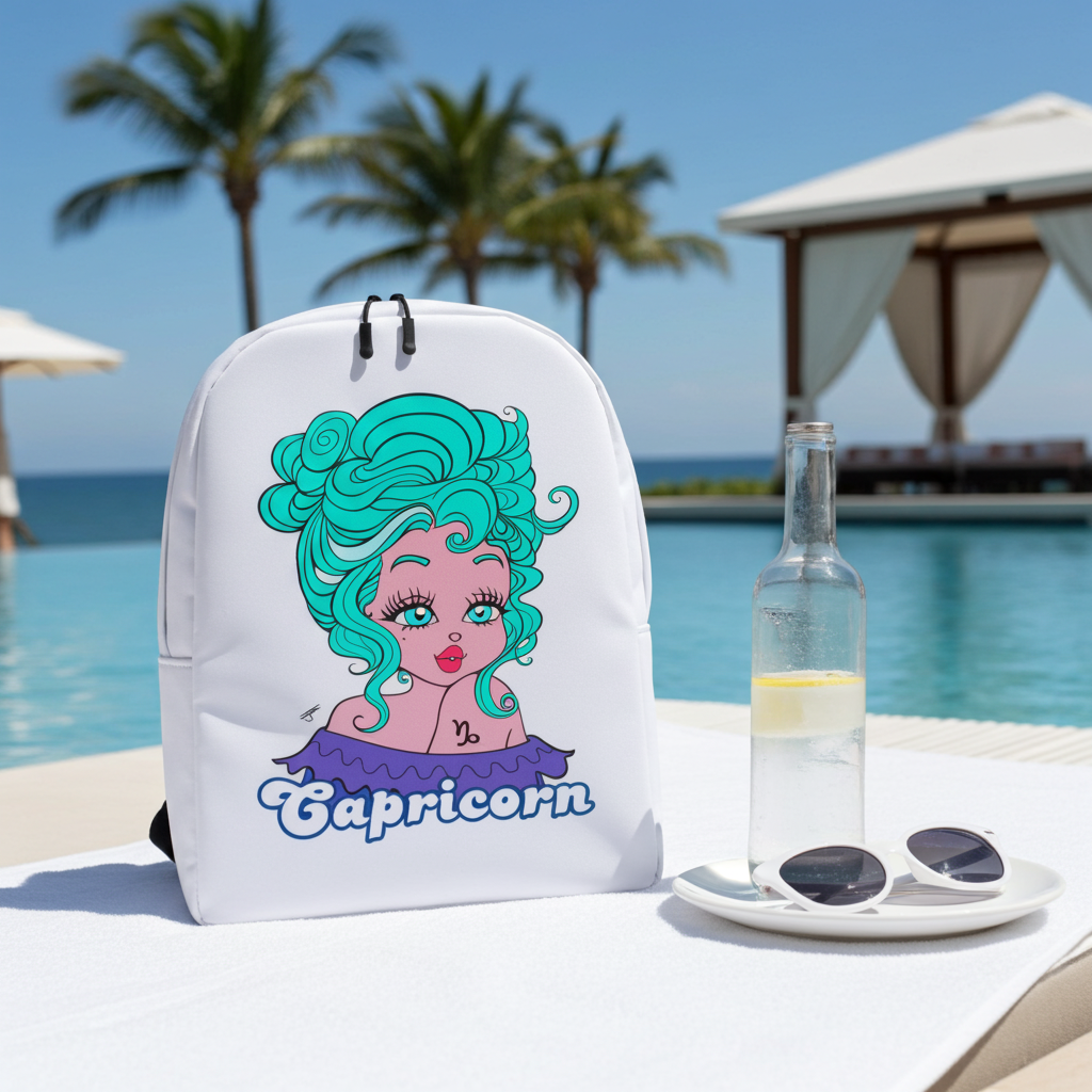 White backpack with Capricorn design by a poolside with palm trees and a cabana.