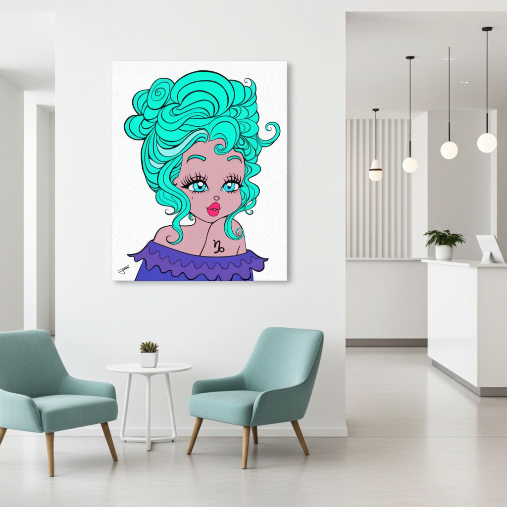 Modern interior with a colorful capricorn character with teal hair on a white wall