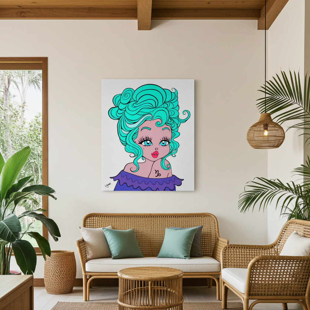 Living room with wicker furniture, plants, and a colorful painting of a Capricorn character with teal hair.