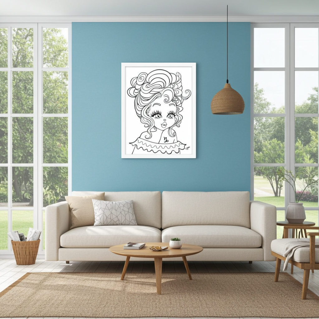 Framed Capricorn Poster in a living room with a beige sofa, coffee table, and wall art of a stylized face.