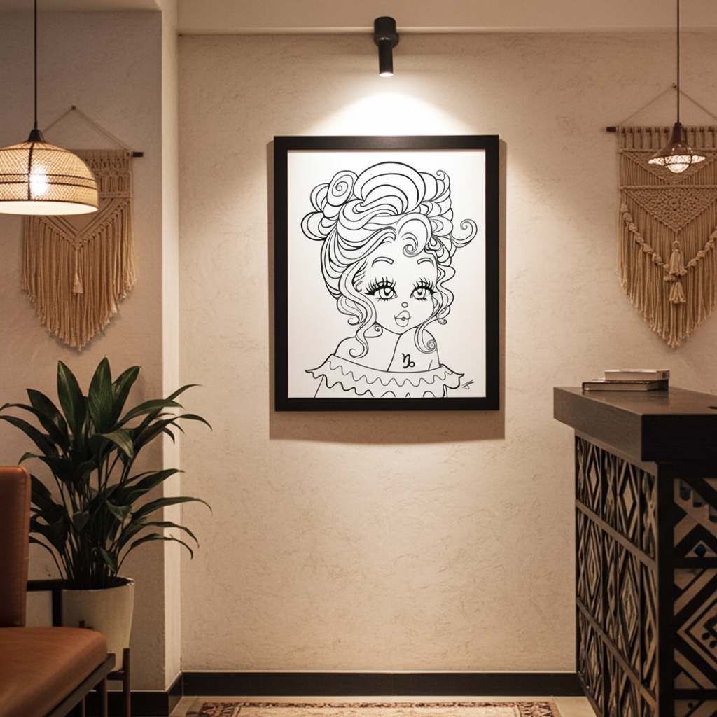 Framed artwork of a Capricorn Character on a wall in a room with decor elements.