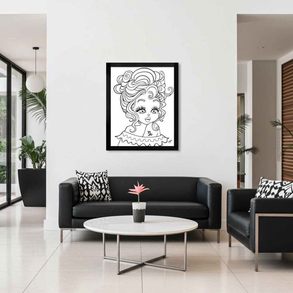 Modern living room with black sofa, white coffee table, and framed Capricorn artwork on the wall.
