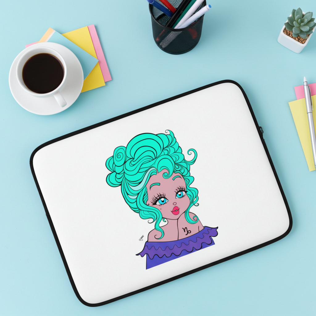Laptop sleeve with a Capricorn character on a light blue desk with office supplies.