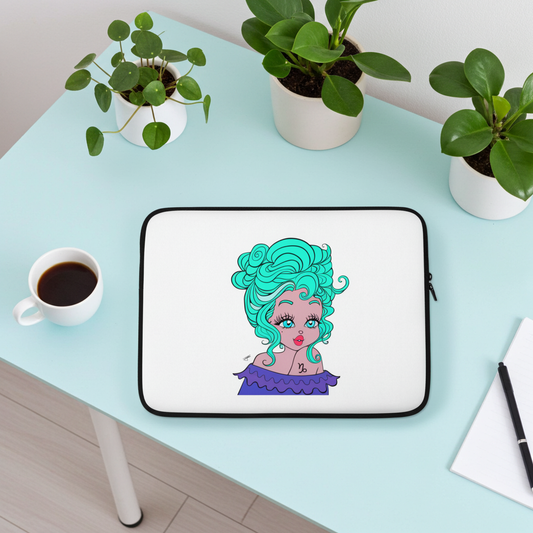 Laptop sleeve with a Capricorn character with teal hair on a light blue table with plants and a cup of coffee.