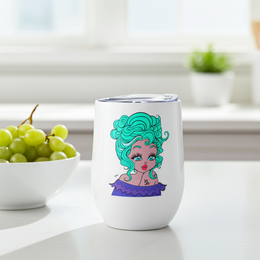 White tumbler with a colorful Capricorn illustration on a kitchen counter with grapes in the background.