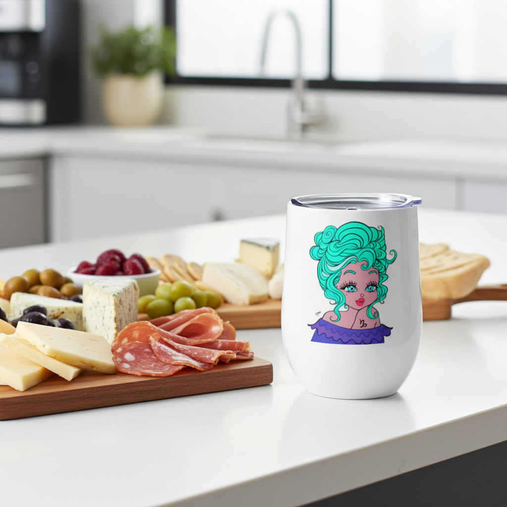 White tumbler with a colorful Capricorn design on a kitchen counter with a charcuterie board.