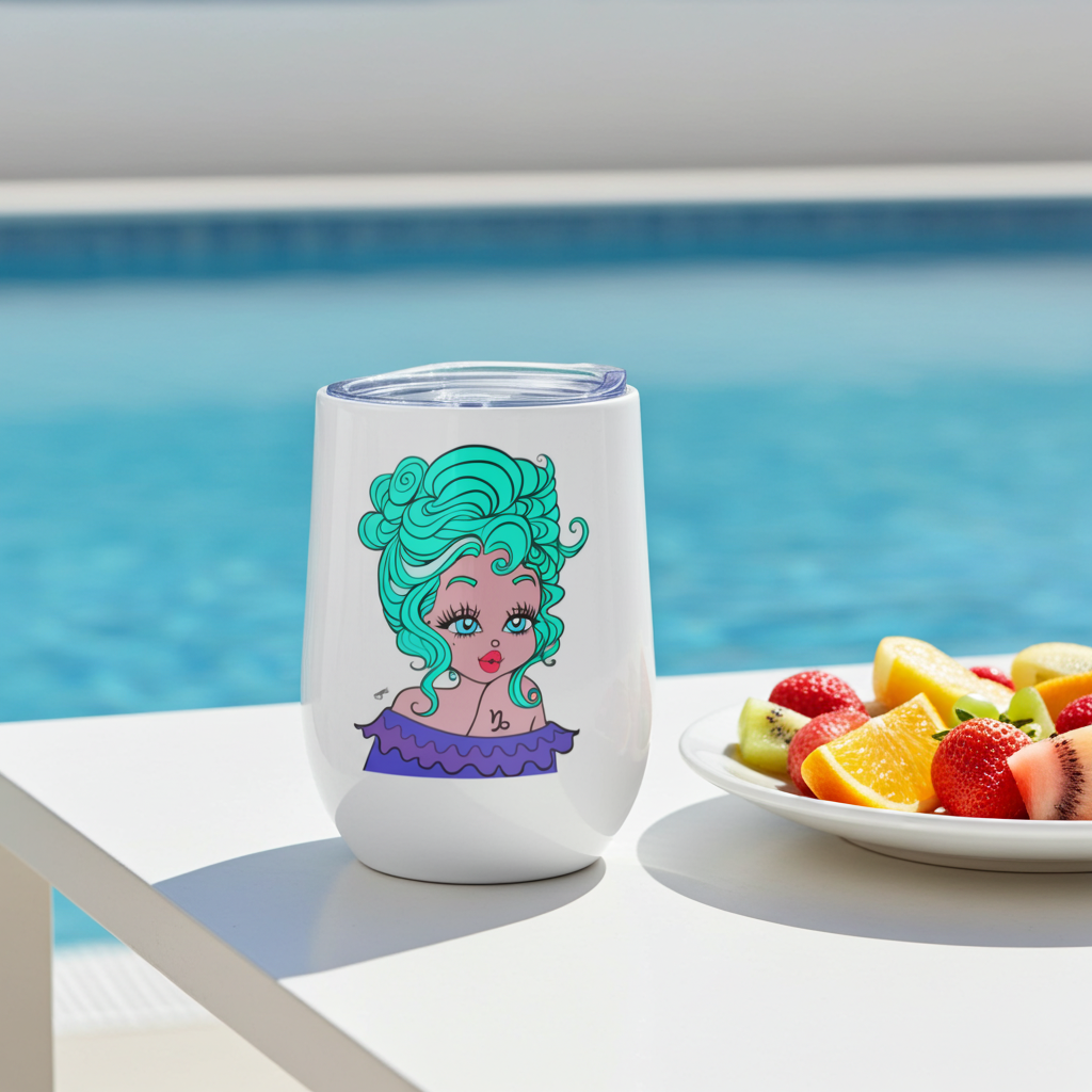 White tumbler with a Capricorn character design next to a plate of fruit by a pool.