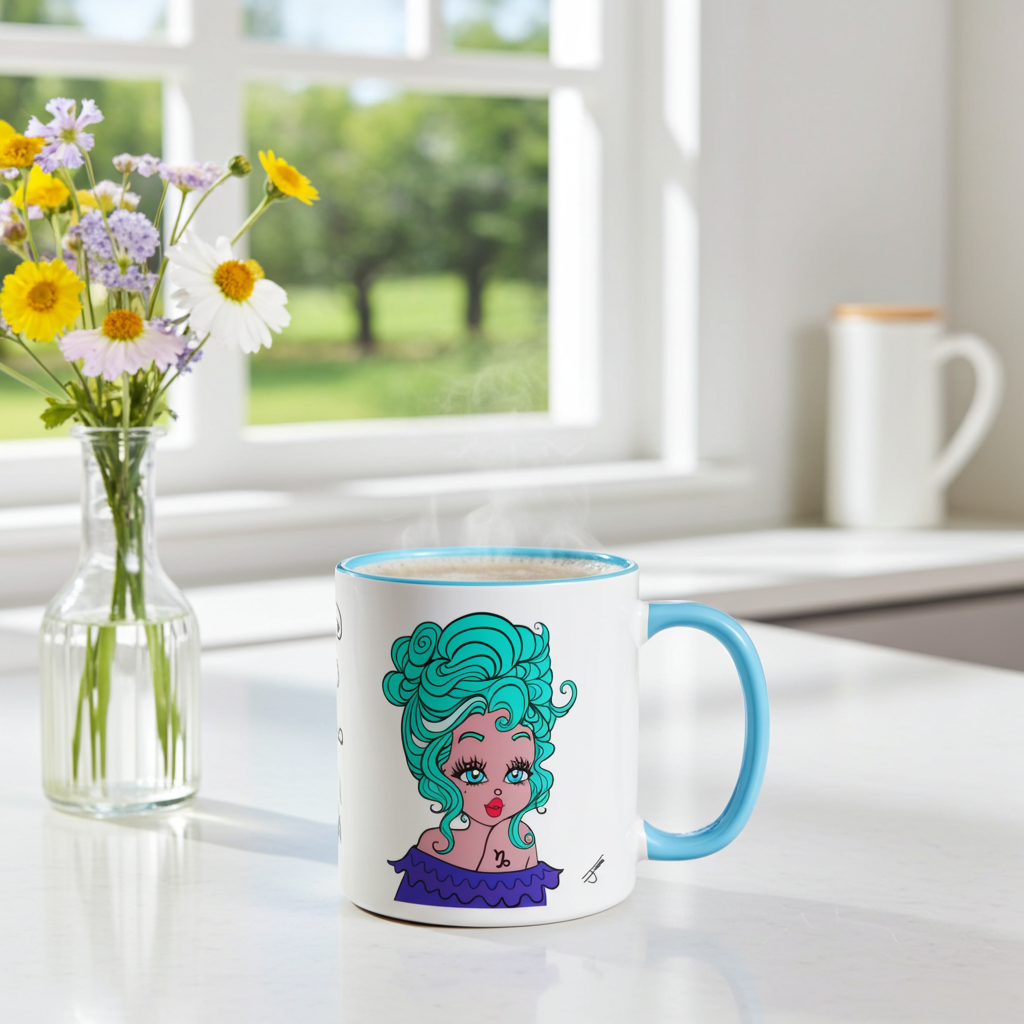 Mug with a colorful design of a Capricorn character on a table with flowers.