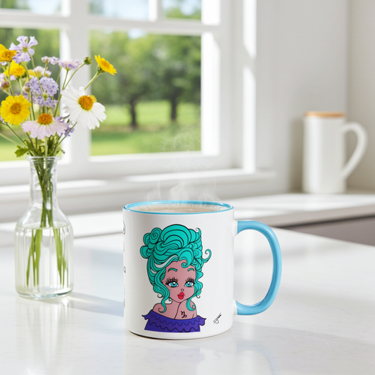 Mug with a colorful design of a Capricorn character on a table with flowers.