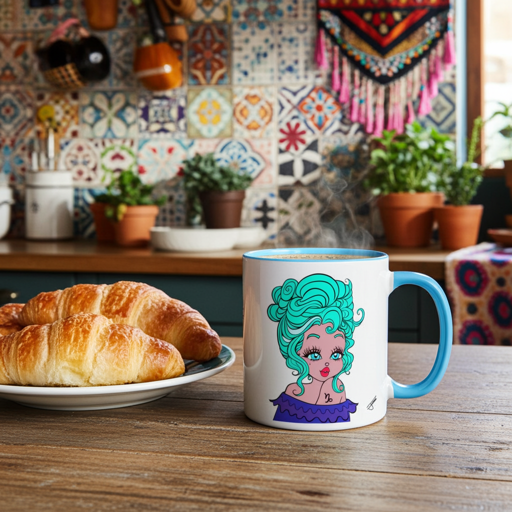 Mug with a capricorn character design on a table with croissants and a kitchen background