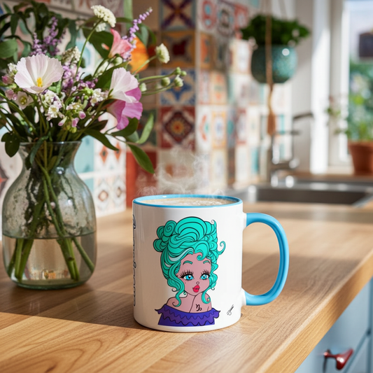 Mug with a capricorn character design on a kitchen counter with flowers and a vase.