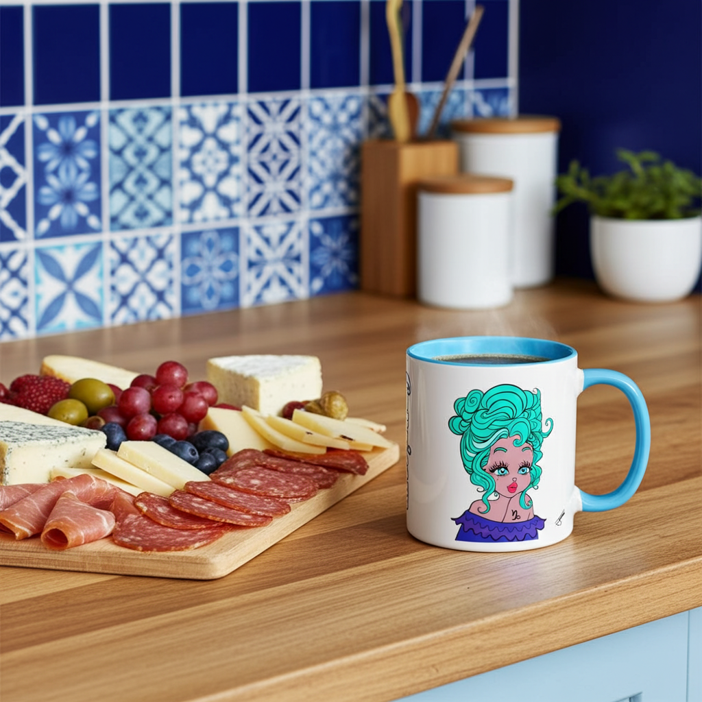 Mug with a capricorn character design on a kitchen counter with charcuterie board