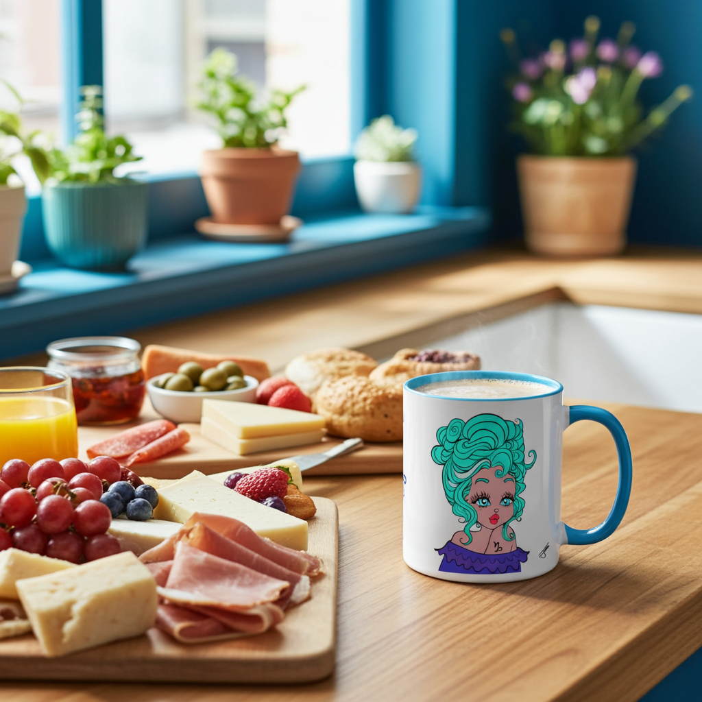 Mug with a capricorn character design on a table with a charcuterie board and plants in the background