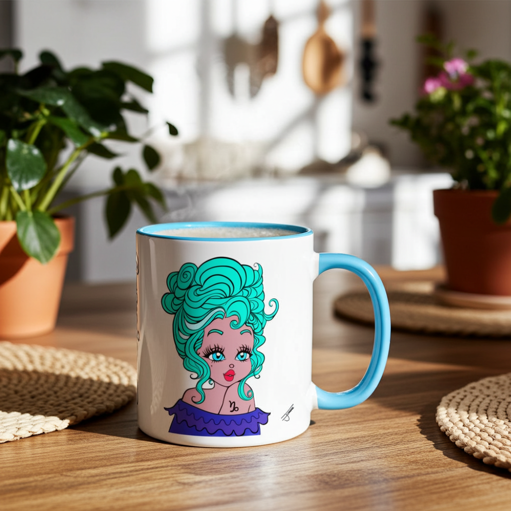 Mug with a capricorn character design on a wooden table.