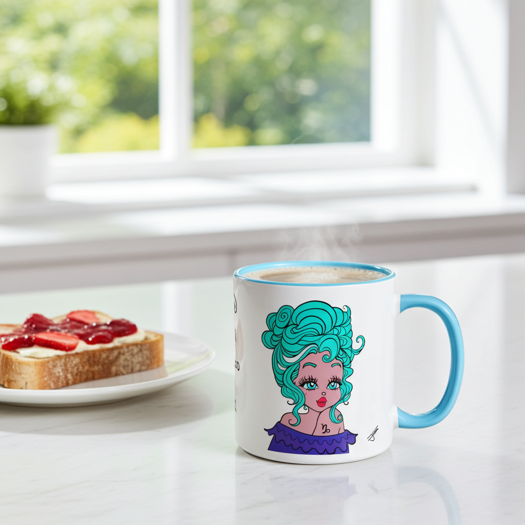 Mug with a Capricorn character on a table with toast and strawberries.