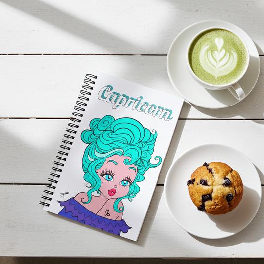 Notebook with Capricorn illustration, cup of matcha, and blueberry muffin on a wooden surface