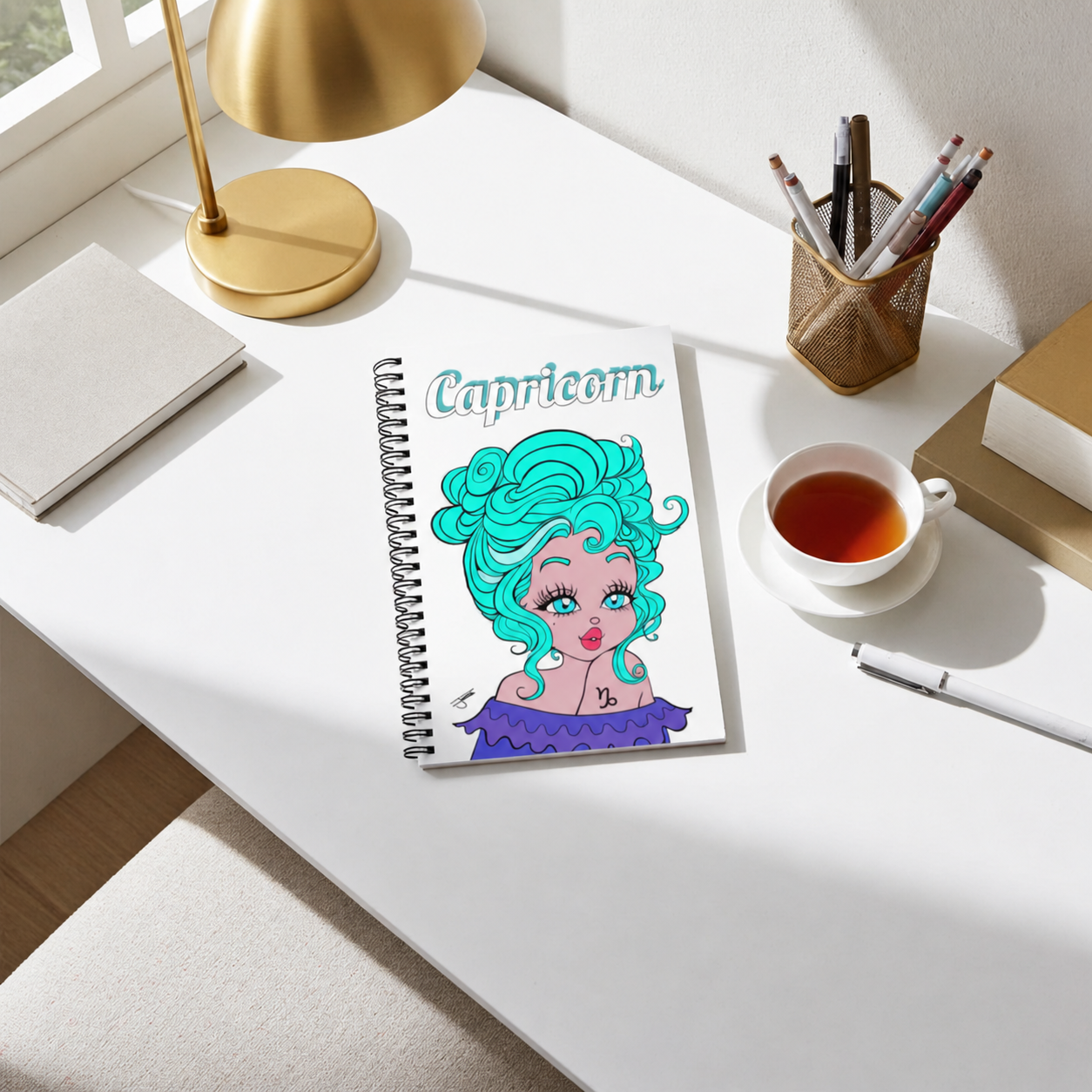 Notebook with Capricorn character on a desk with a cup of tea and stationery.