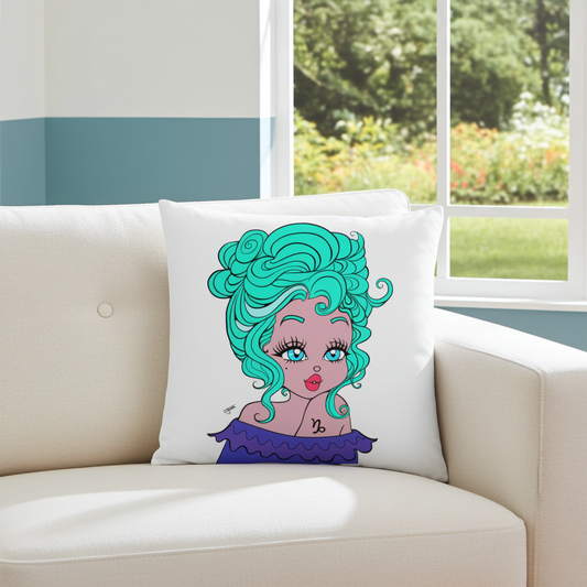 Pillow with a cartoon character on a white couch with a window in the background