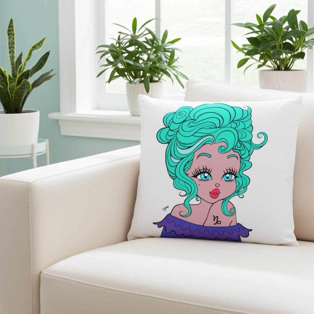 Decorative pillow with a colorful illustration of a woman with teal hair on a beige couch.