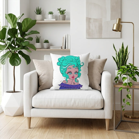 A square throw pillow featuring a colorful cartoon illustration of a woman with bright teal hair and a purple top, resting on a white armchair in a modern, sunlit living room.