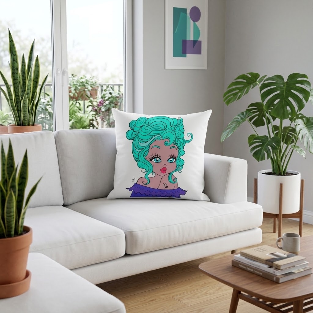 A white throw pillow featuring a colorful cartoon illustration of a woman with bright teal hair and a purple top, resting on a white sofa in a modern living room setting.