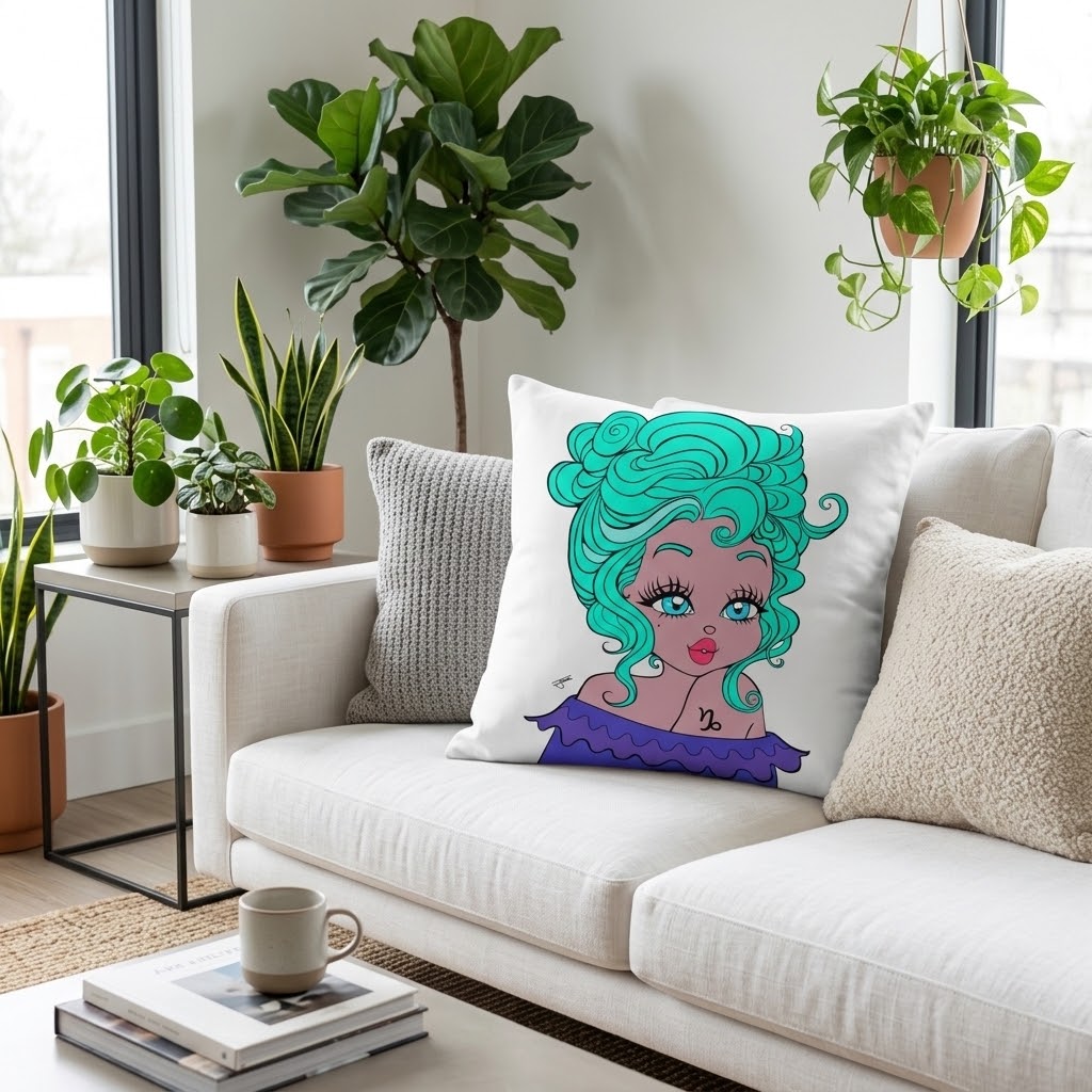 A white throw pillow featuring a stylized cartoon illustration of a woman with bright teal hair and a purple top, resting on a white sofa in a modern living room with potted plants.