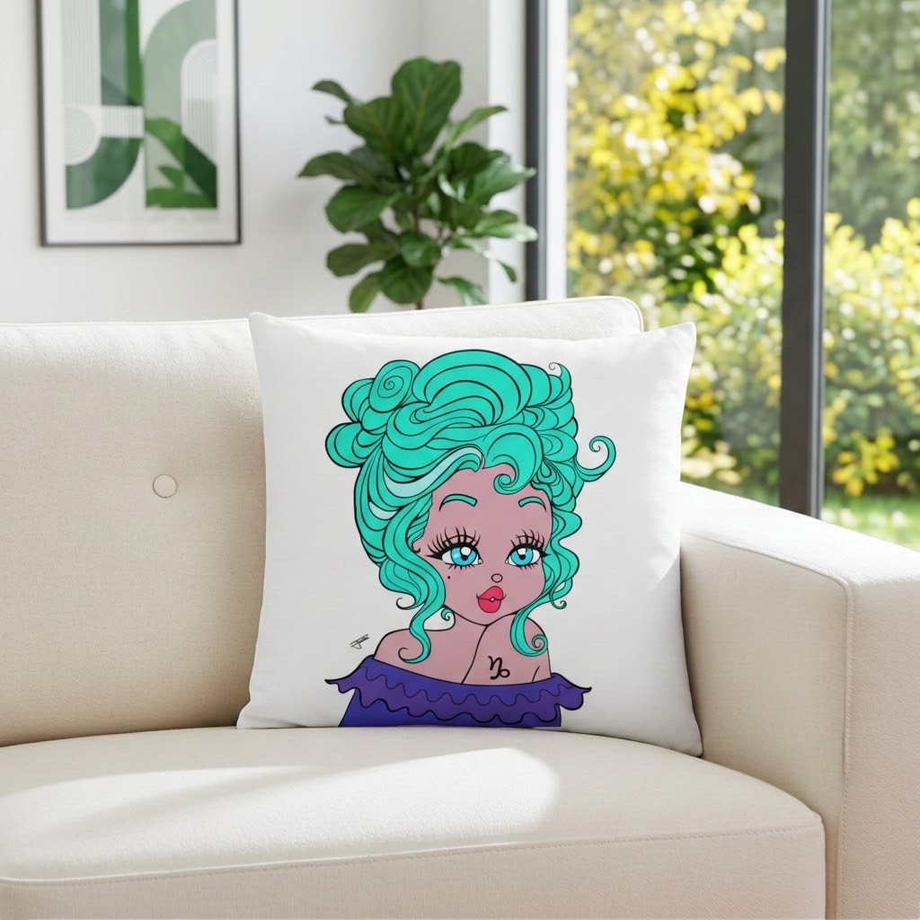 A square white throw pillow with a colorful cartoon illustration of a woman with bright teal hair, resting on a cream-colored sofa in a modern living room setting.