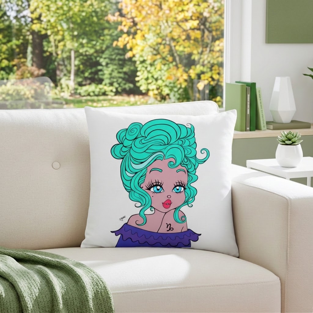 A square white throw pillow featuring a colorful cartoon illustration of a woman with voluminous turquoise hair and a purple top, resting on a cream-colored sofa in a bright living room setting.