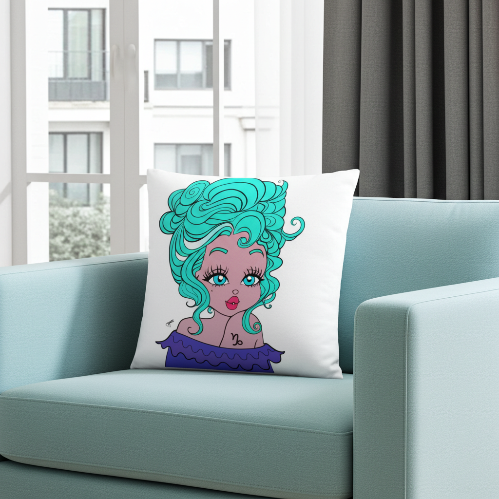 Decorative pillow with a capricorn character design on a light blue sofa