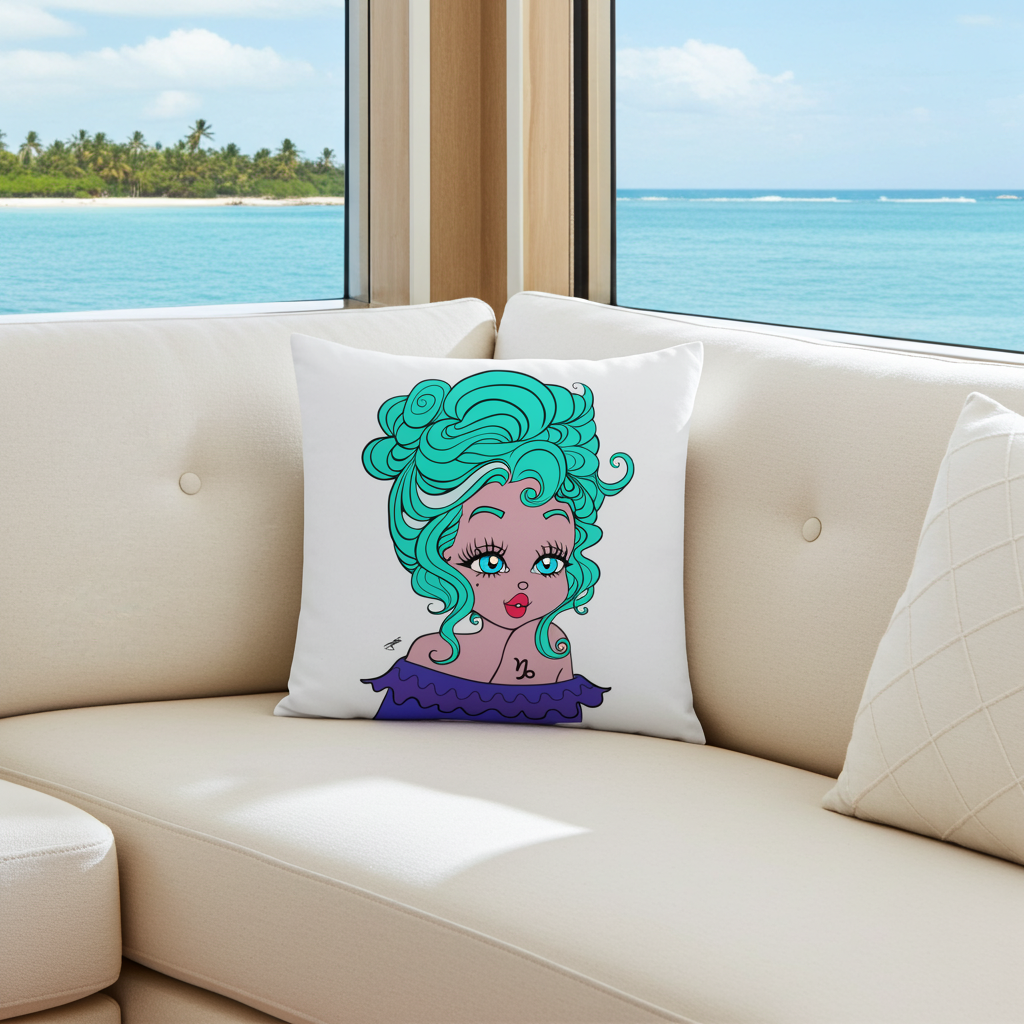 Decorative pillow with a capricorn character design on a beige sofa with a scenic ocean view.